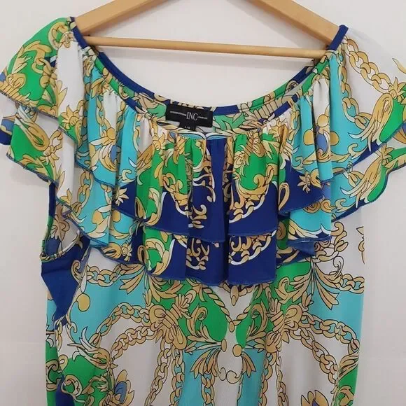 International INC Company Blouse White Blue Green Gold  Ruffled NeckWaist… - Picture 6 of 10
